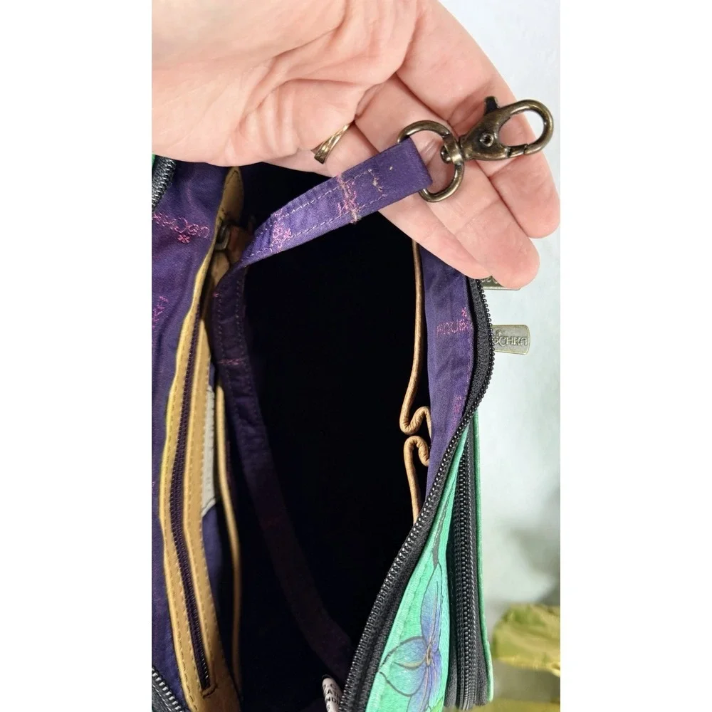 Anuschka‎ Hand Painted Green Leather Handbag Purse Birds Floral Organizer Art